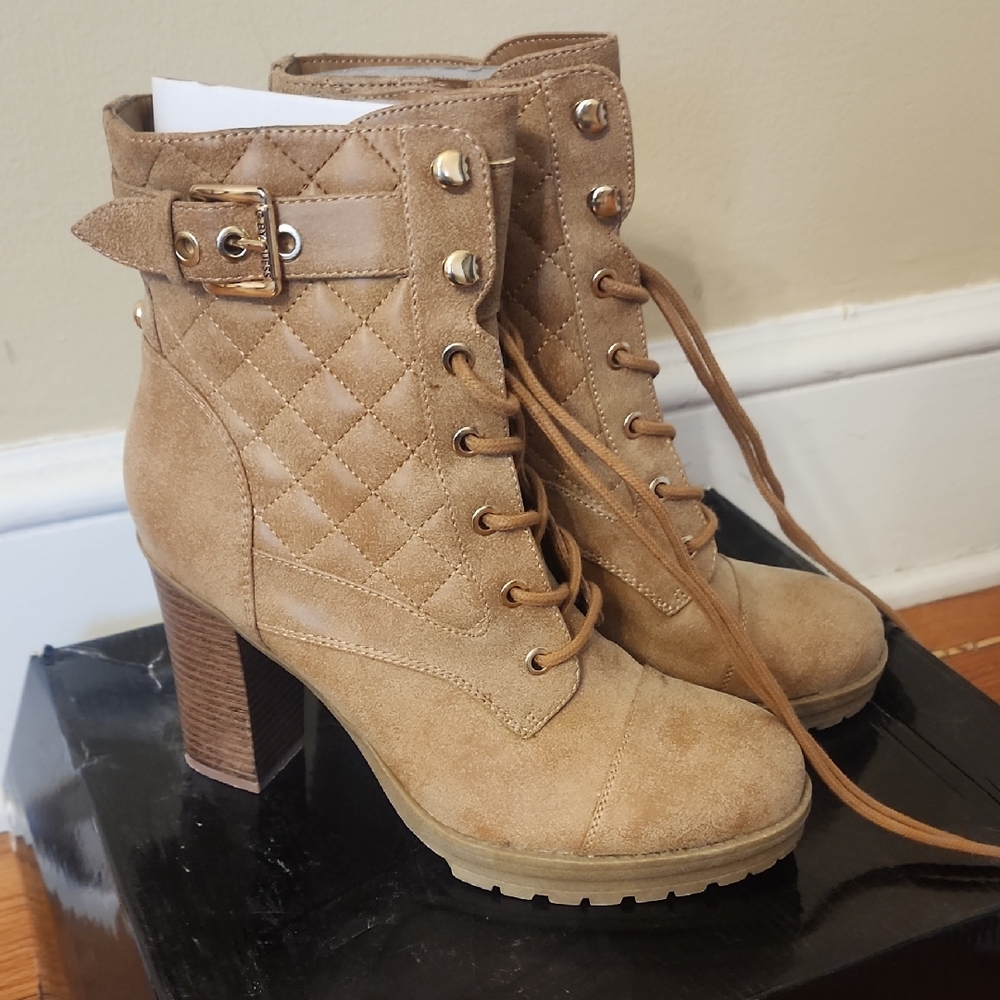 G by Guess Tan Heeled Quilted Boots